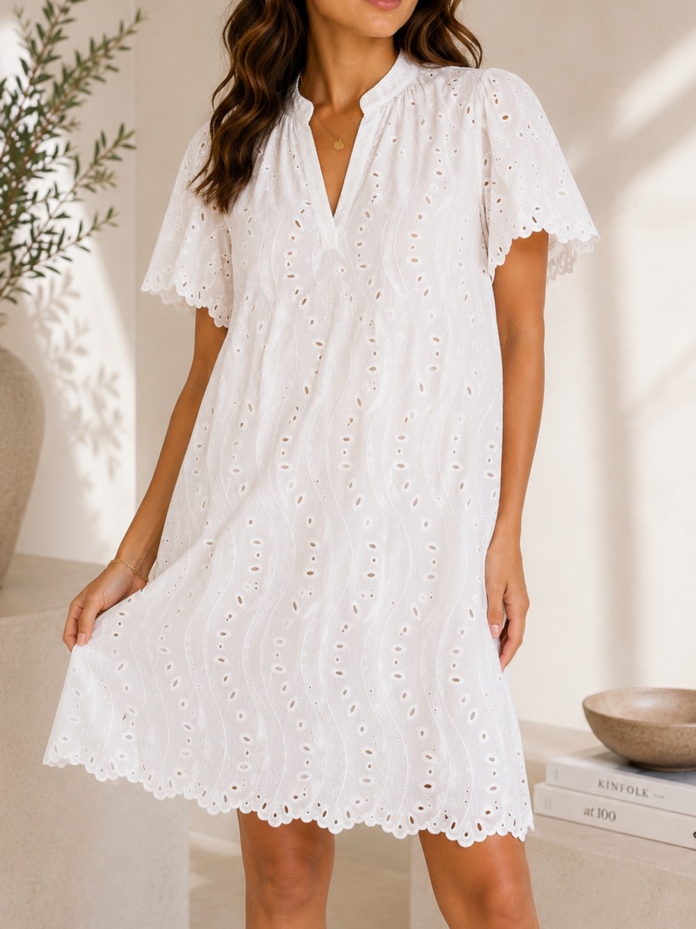 Valerie Khalfon Paris Kamarina White Eyelet Embroidered Cotton Shift Dress